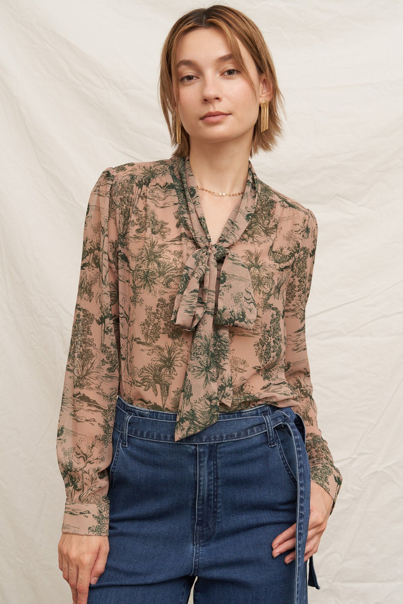Tie Neck Chiffon Printed Blouse