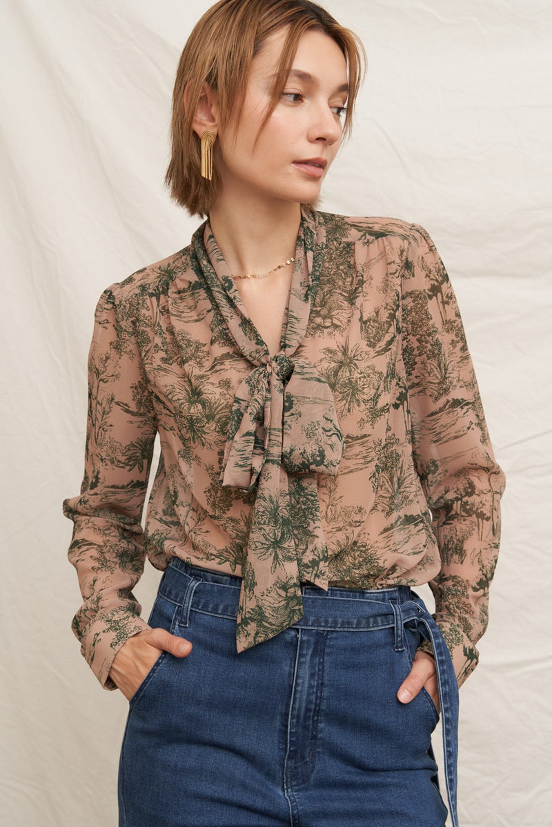 Tie Neck Chiffon Printed Blouse