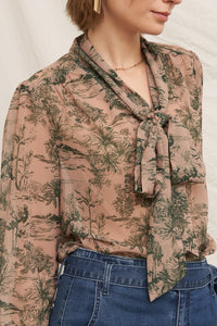 Tie Neck Chiffon Printed Blouse