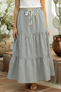 Tiered Striped Maxi Skirt in Navy