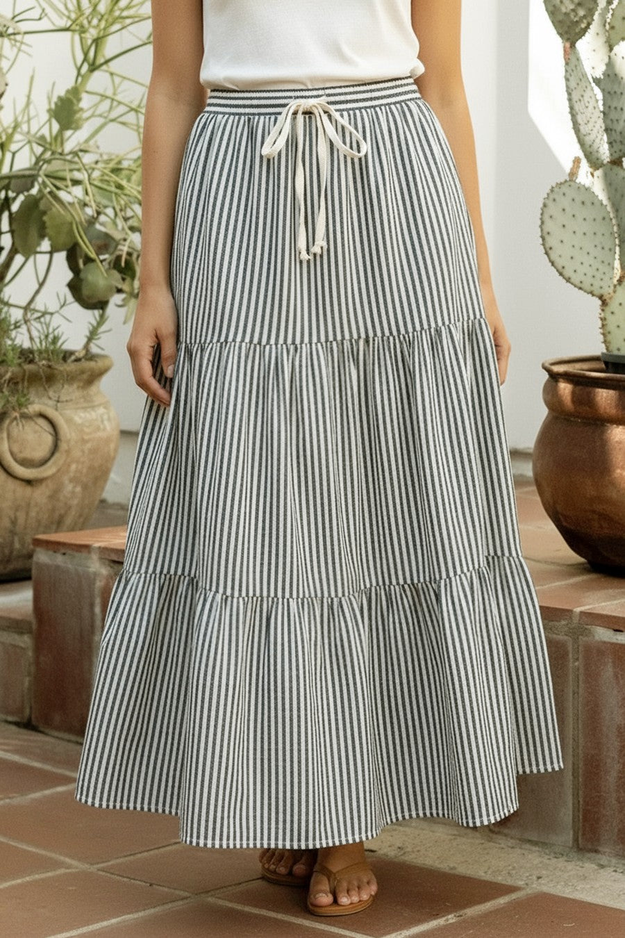Tiered Striped Maxi Skirt in Navy