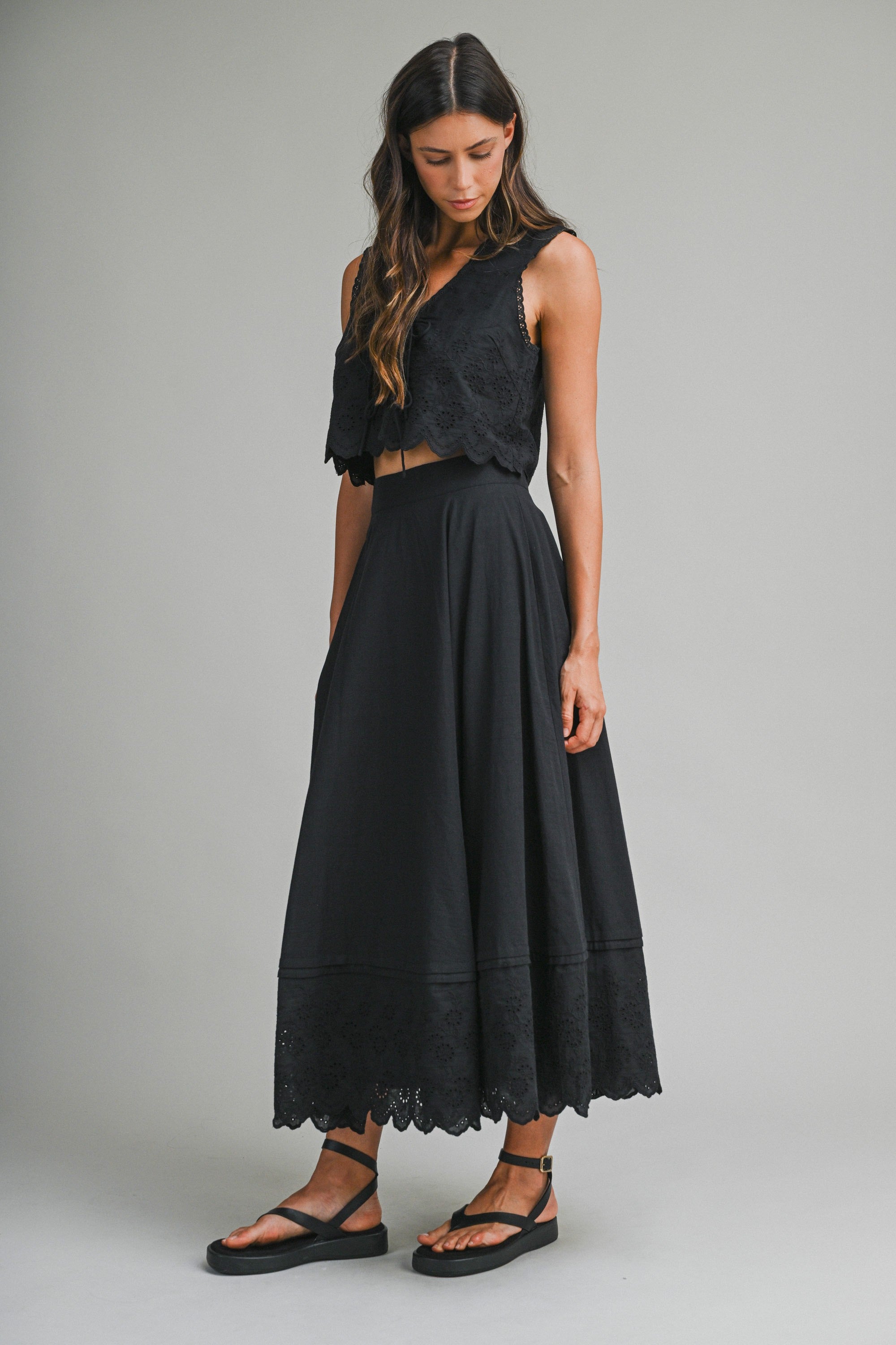 Eyelet Crop Top And Midi Skirt Set in Black