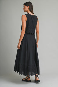 Eyelet Crop Top And Midi Skirt Set in Black