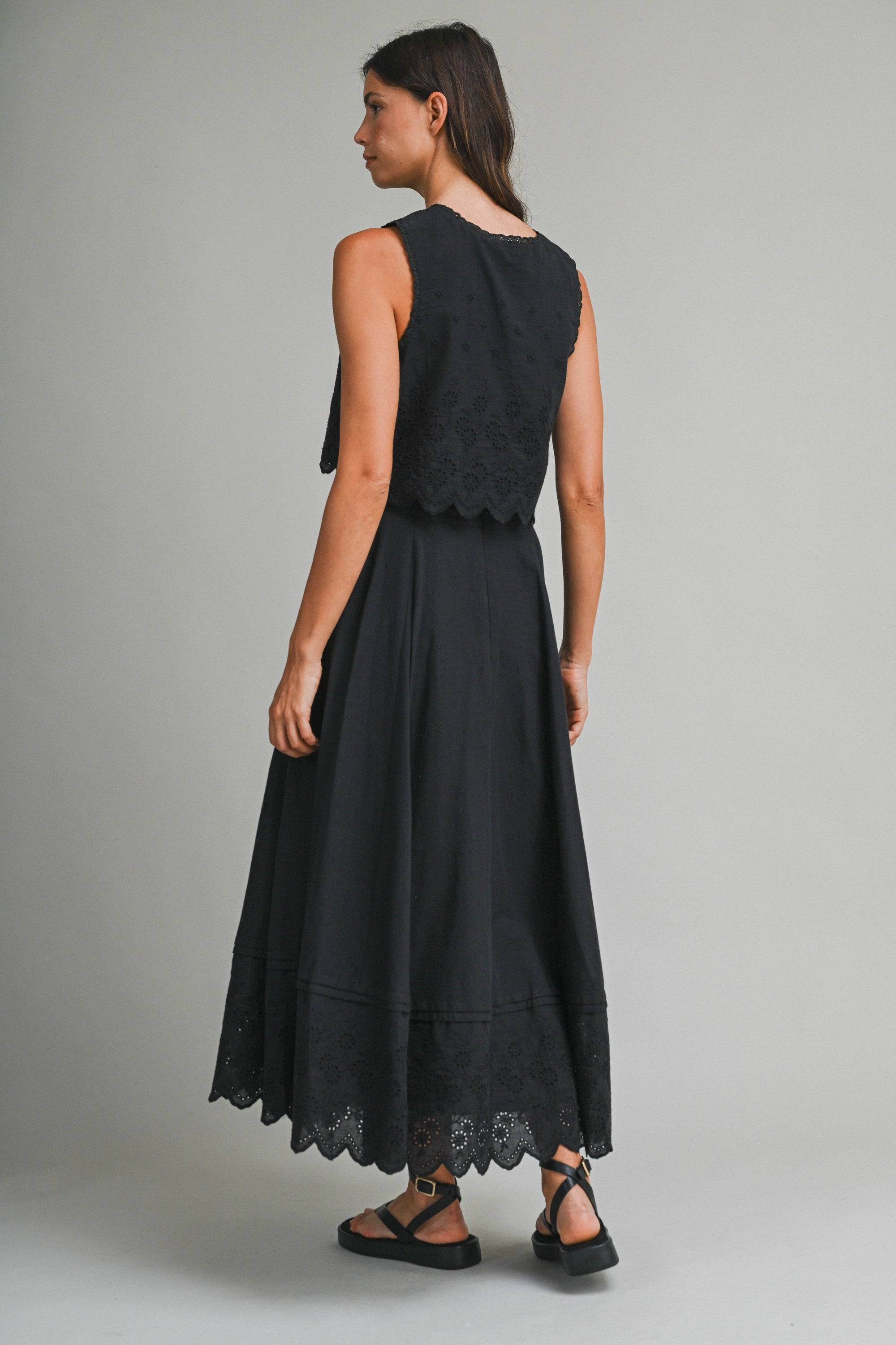 Eyelet Crop Top And Midi Skirt Set in Black