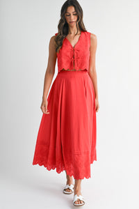 Eyelet Crop Top And Midi Skirt Set in Red