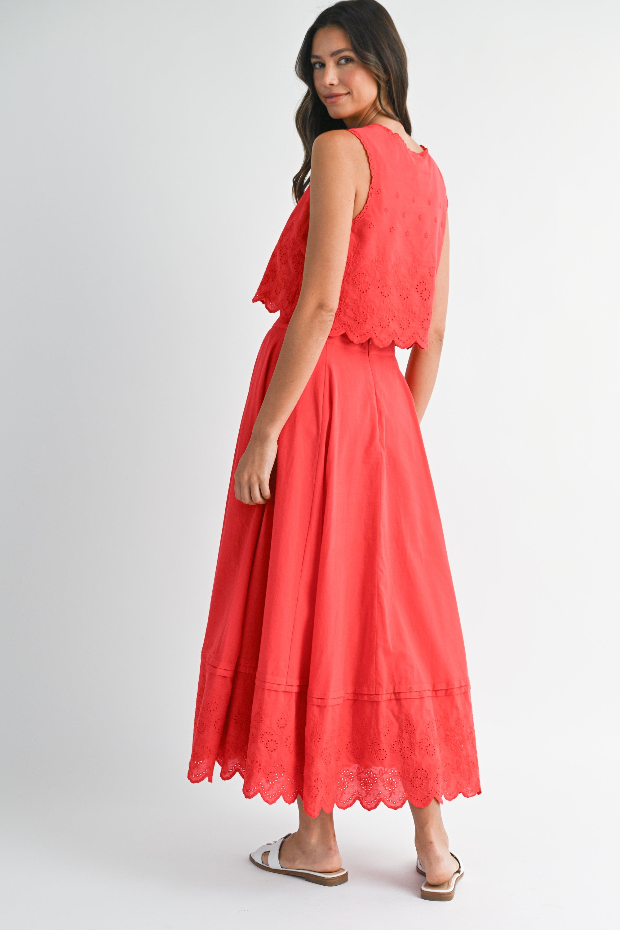 Eyelet Crop Top And Midi Skirt Set in Red