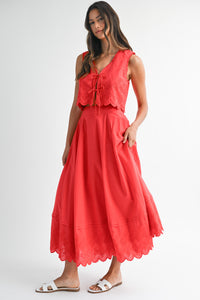 Eyelet Crop Top And Midi Skirt Set in Red