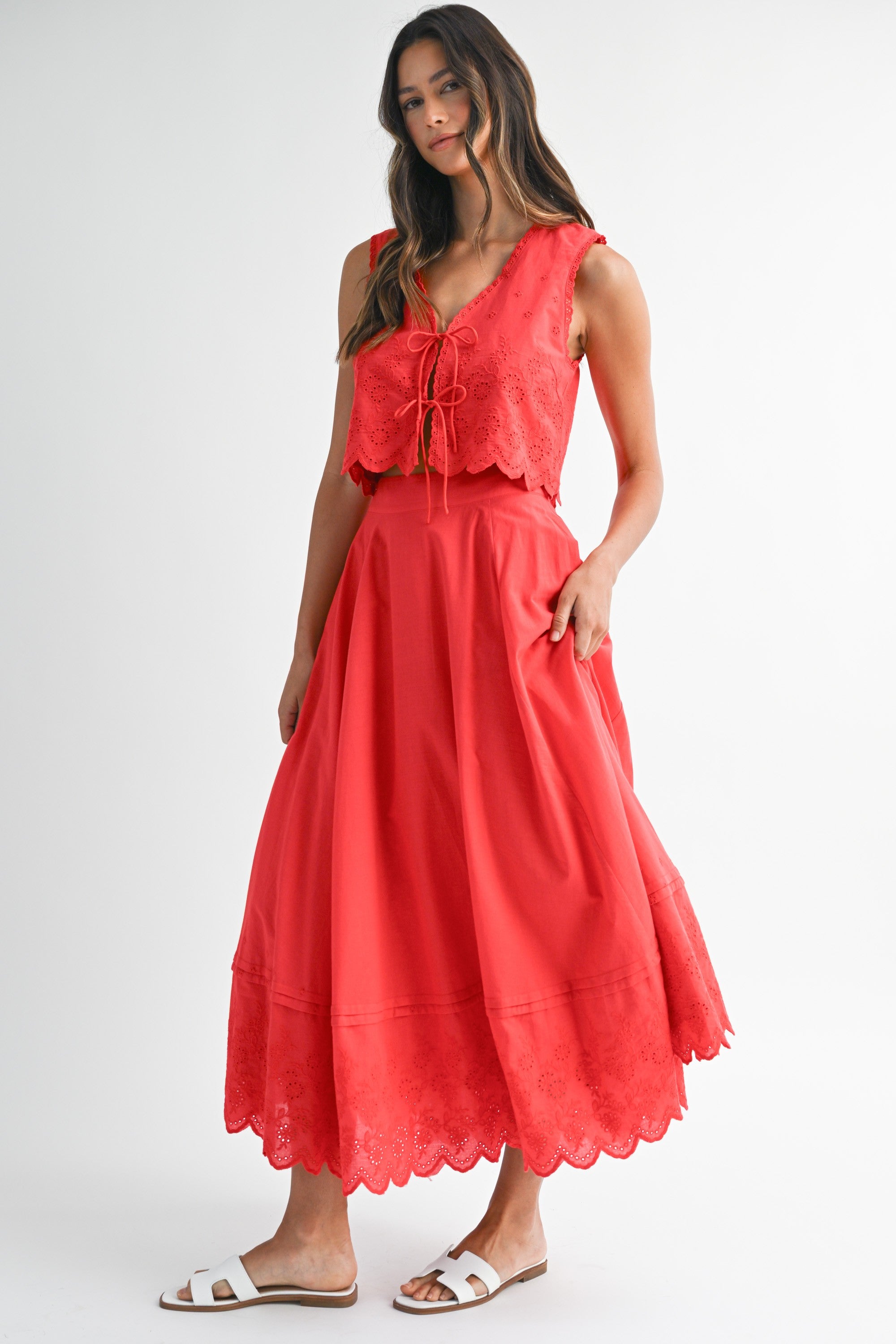 Eyelet Crop Top And Midi Skirt Set in Red