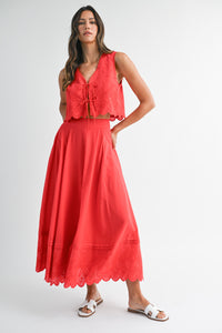 Eyelet Crop Top And Midi Skirt Set in Red