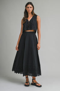 Eyelet Crop Top And Midi Skirt Set in Black