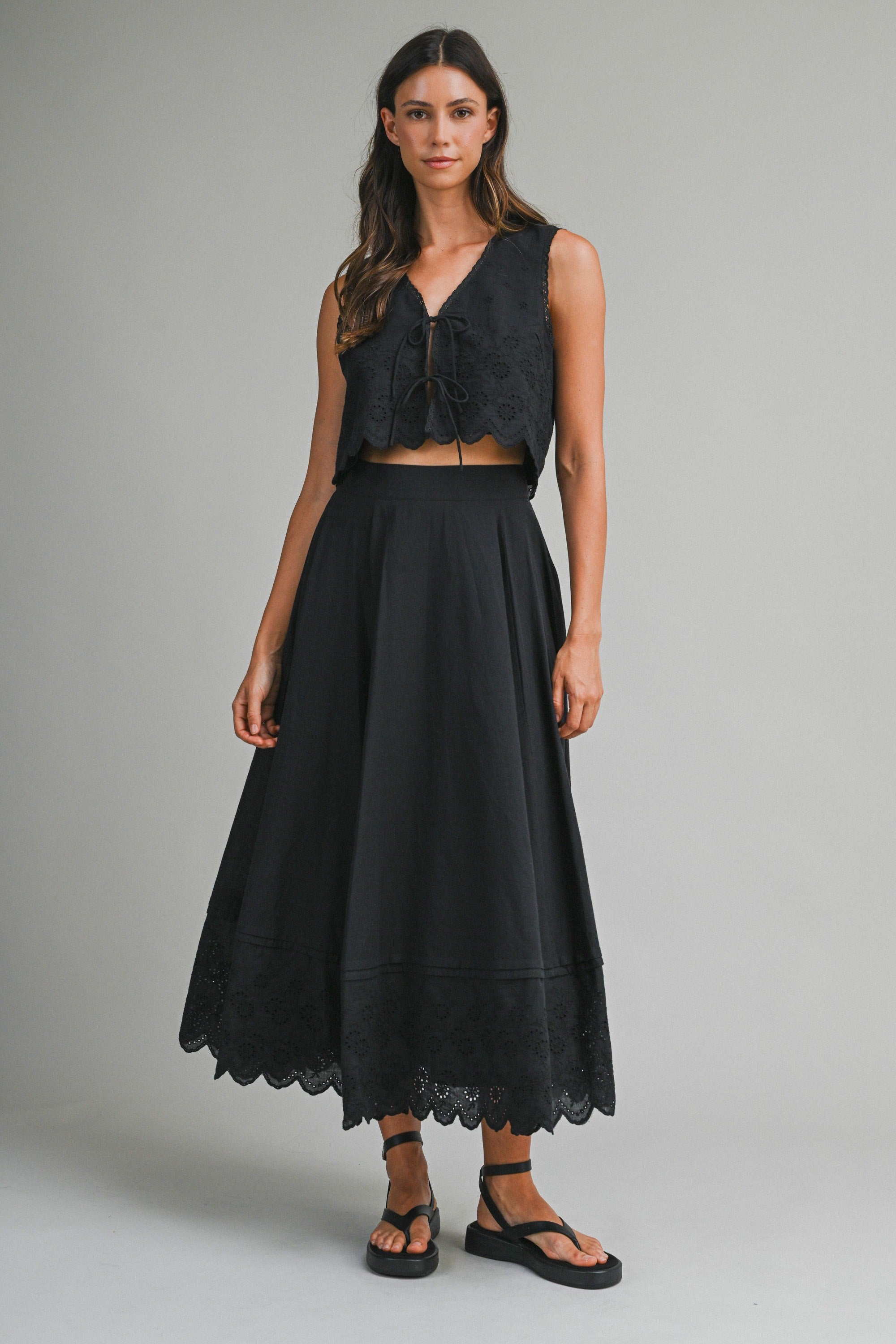 Eyelet Crop Top And Midi Skirt Set in Black