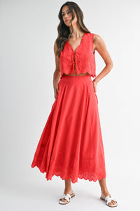 Eyelet Crop Top And Midi Skirt Set in Red