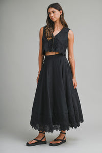 Eyelet Crop Top And Midi Skirt Set in Black
