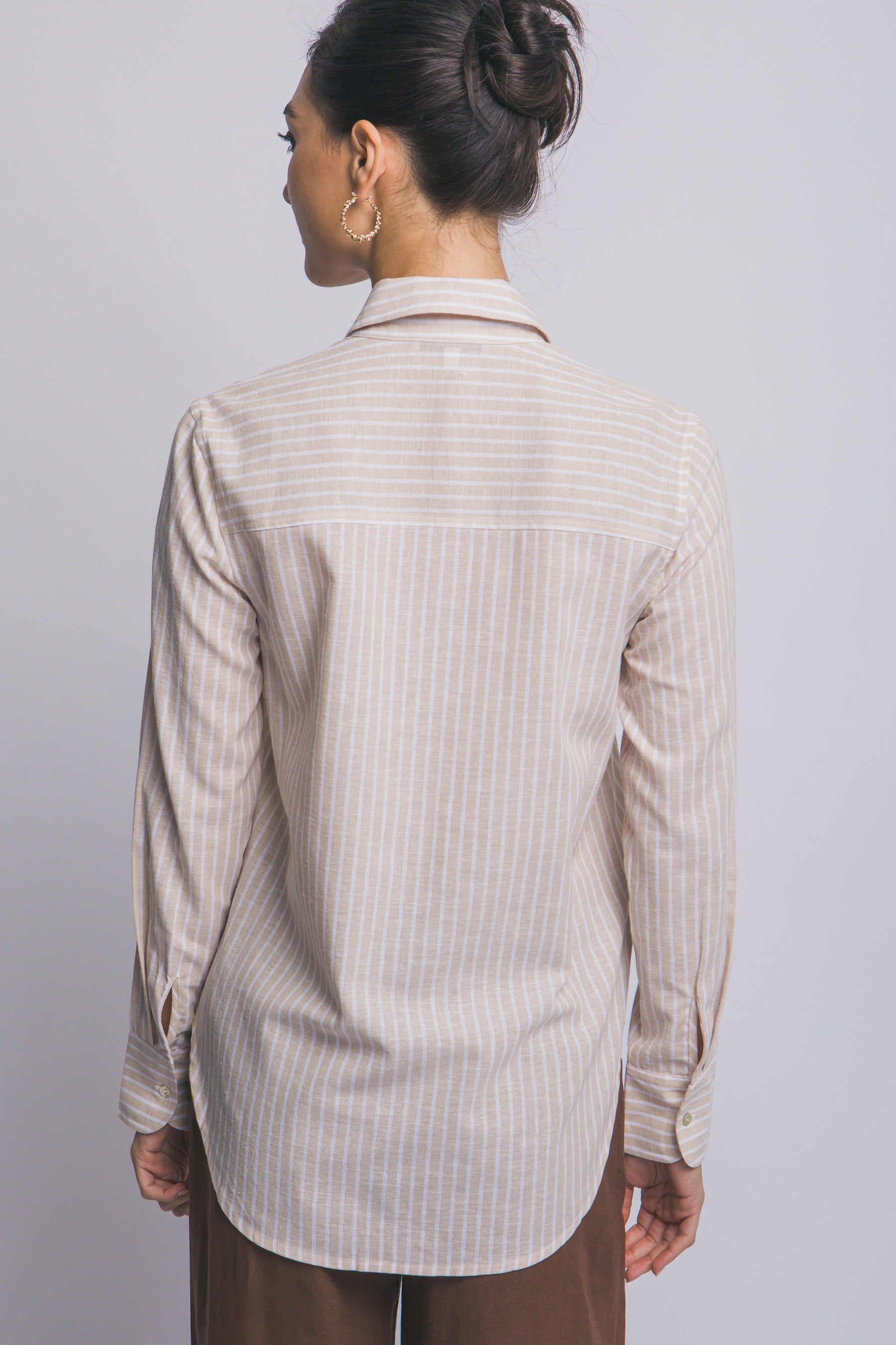 Linen Stripe Button Down Blouse in Taupe