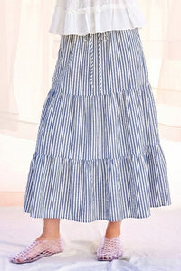 Tiered Striped Maxi Skirt in Blue