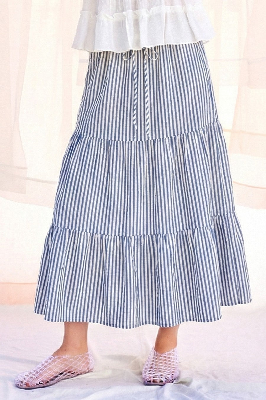 Tiered Striped Maxi Skirt in Blue