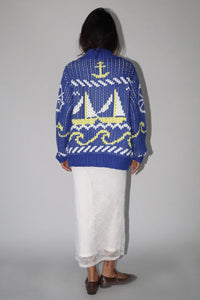 Yacht Party Zip Front Cardigan in Blue