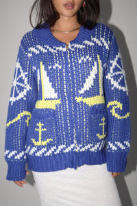 Yacht Party Zip Front Cardigan in Blue