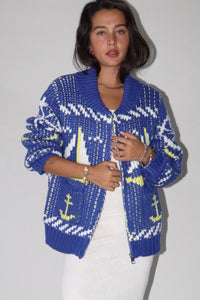 Yacht Party Zip Front Cardigan in Blue