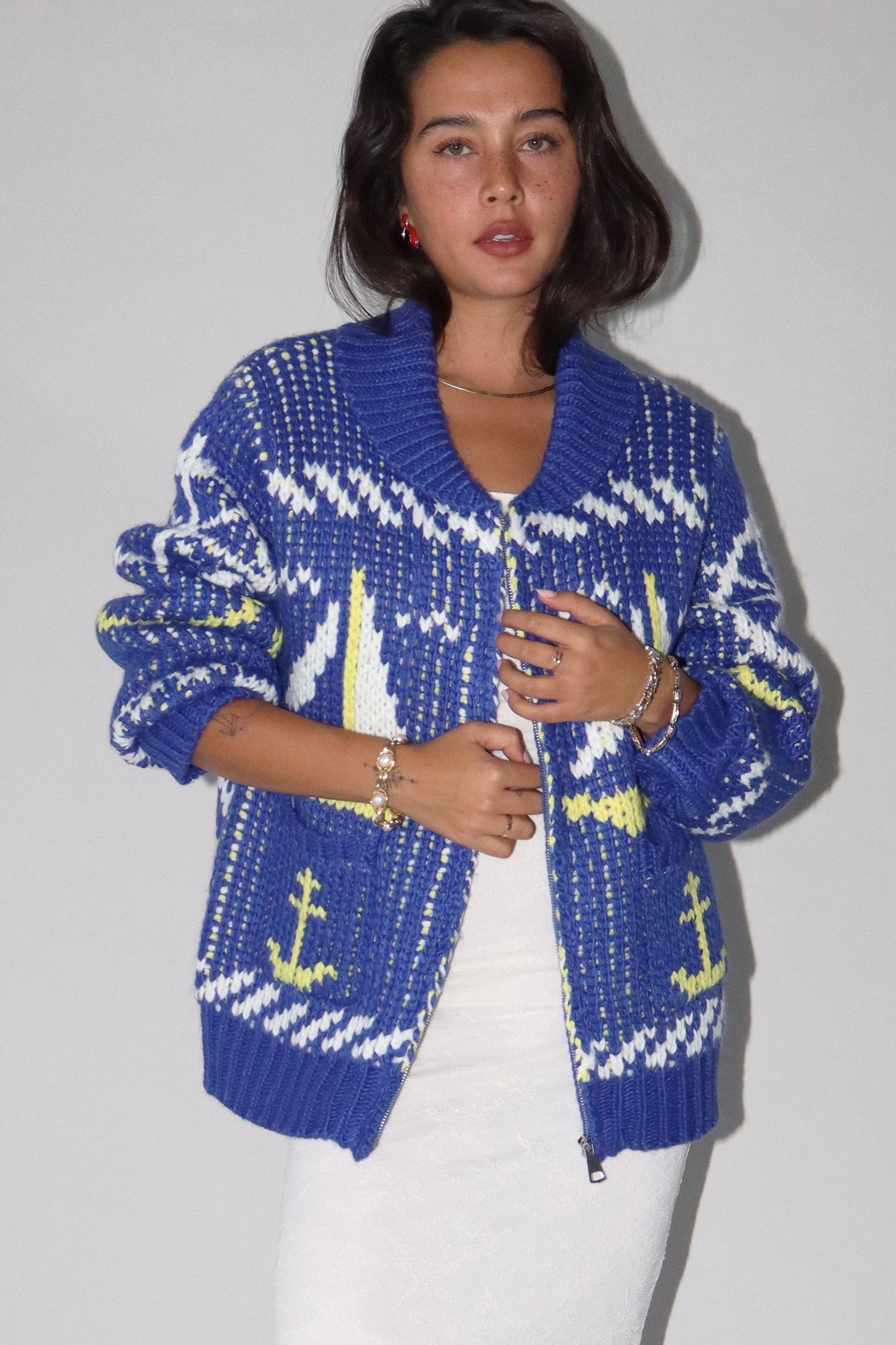 Yacht Party Zip Front Cardigan in Blue