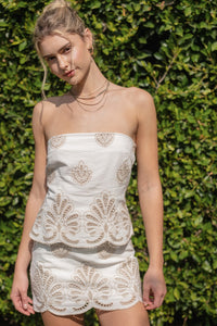 Sophia Embroidered Scallop Strapless Mini Dress in Ivory