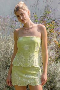 Sophia Embroidered Scallop Strapless Mini Dress in Lime