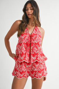 Red Eyelet Halter Top and Short Set