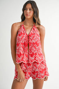 Red Eyelet Halter Top and Short Set