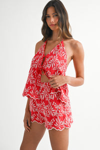 Red Eyelet Halter Top and Short Set