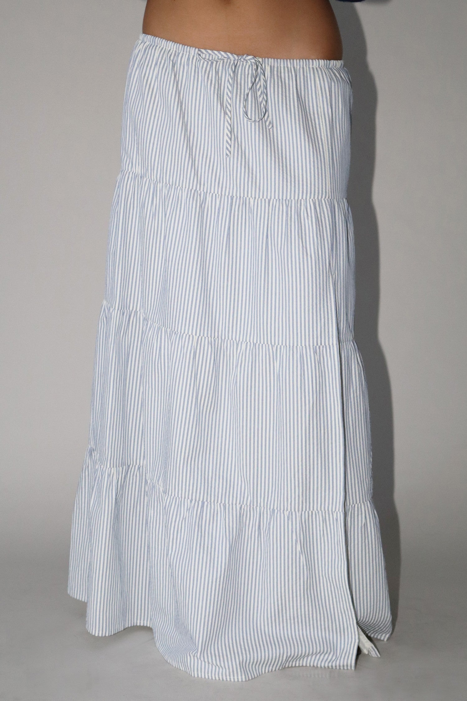 Tiered Drawstring Striped Maxi Skirt