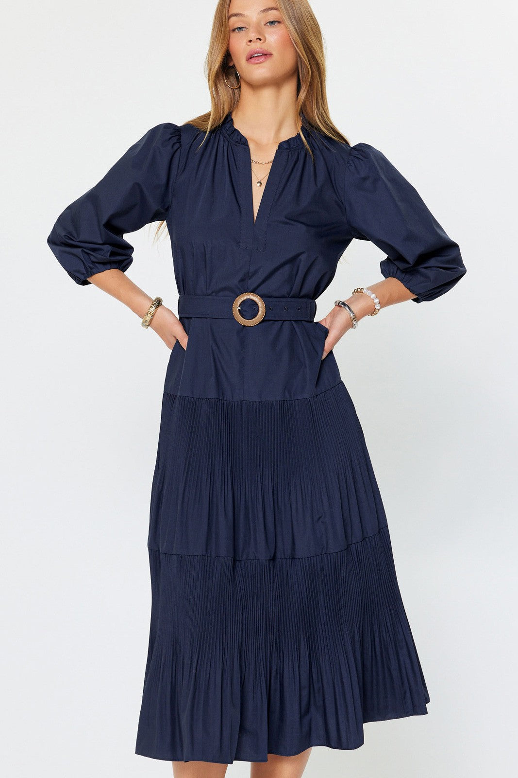 Hamptons Tiered Maxi Dress with Belt in Navy
