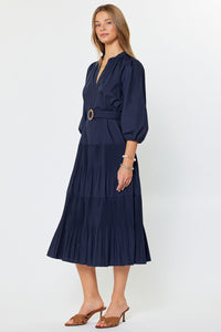 Hamptons Tiered Maxi Dress with Belt in Navy