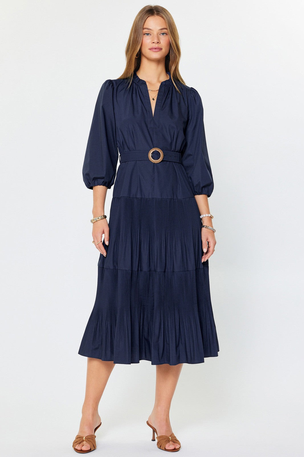 Hamptons Tiered Maxi Dress with Belt in Navy