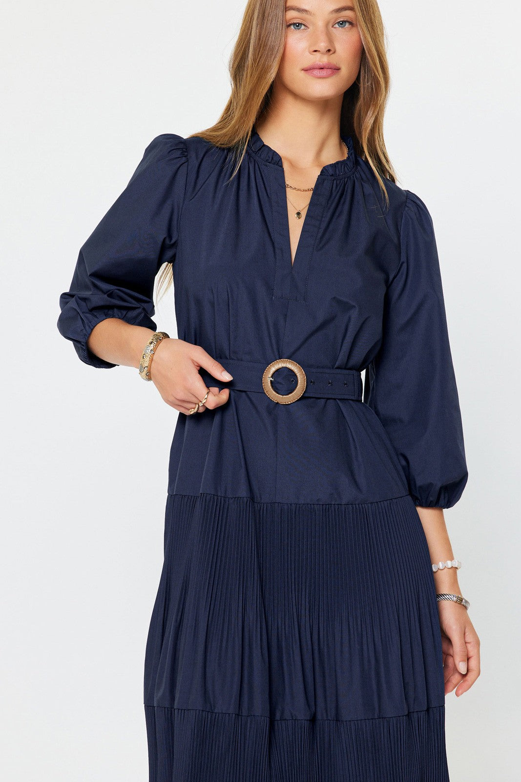 Hamptons Tiered Maxi Dress with Belt in Navy