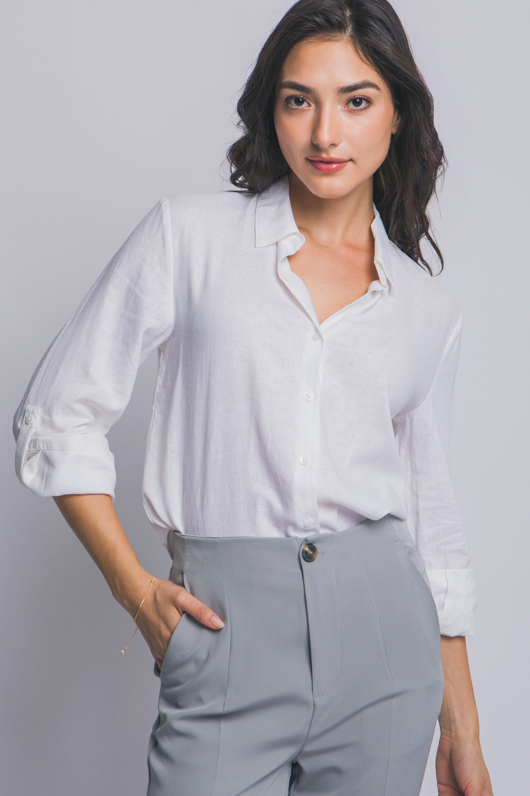 Classic Linen Button Down Top in White
