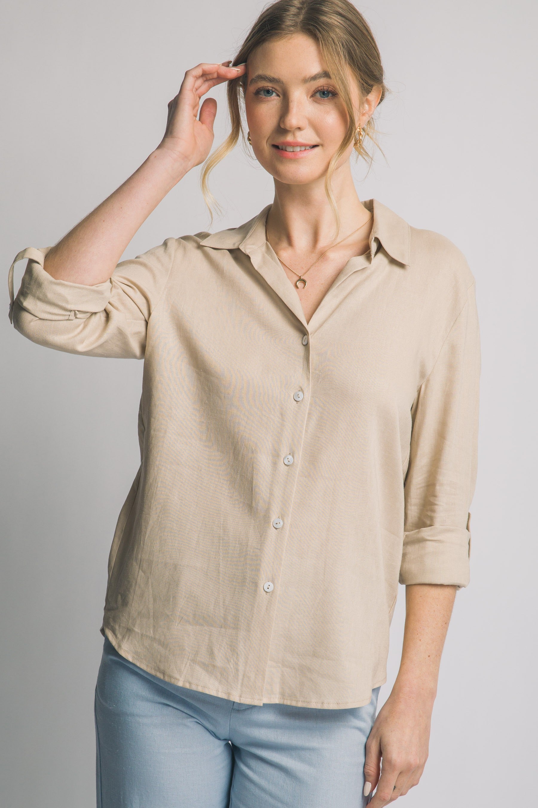 Classic Linen Button Down Top in Taupe