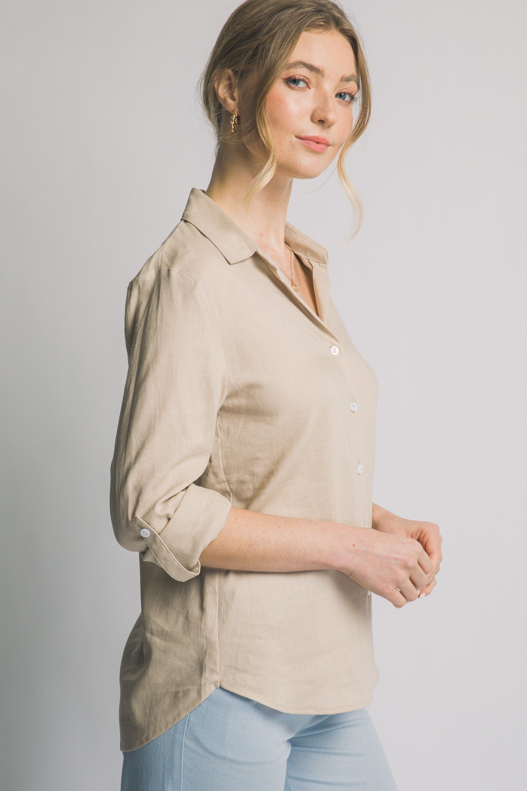 Classic Linen Button Down Top in Taupe