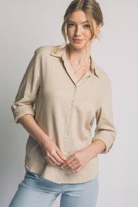 Classic Linen Button Down Top in Taupe