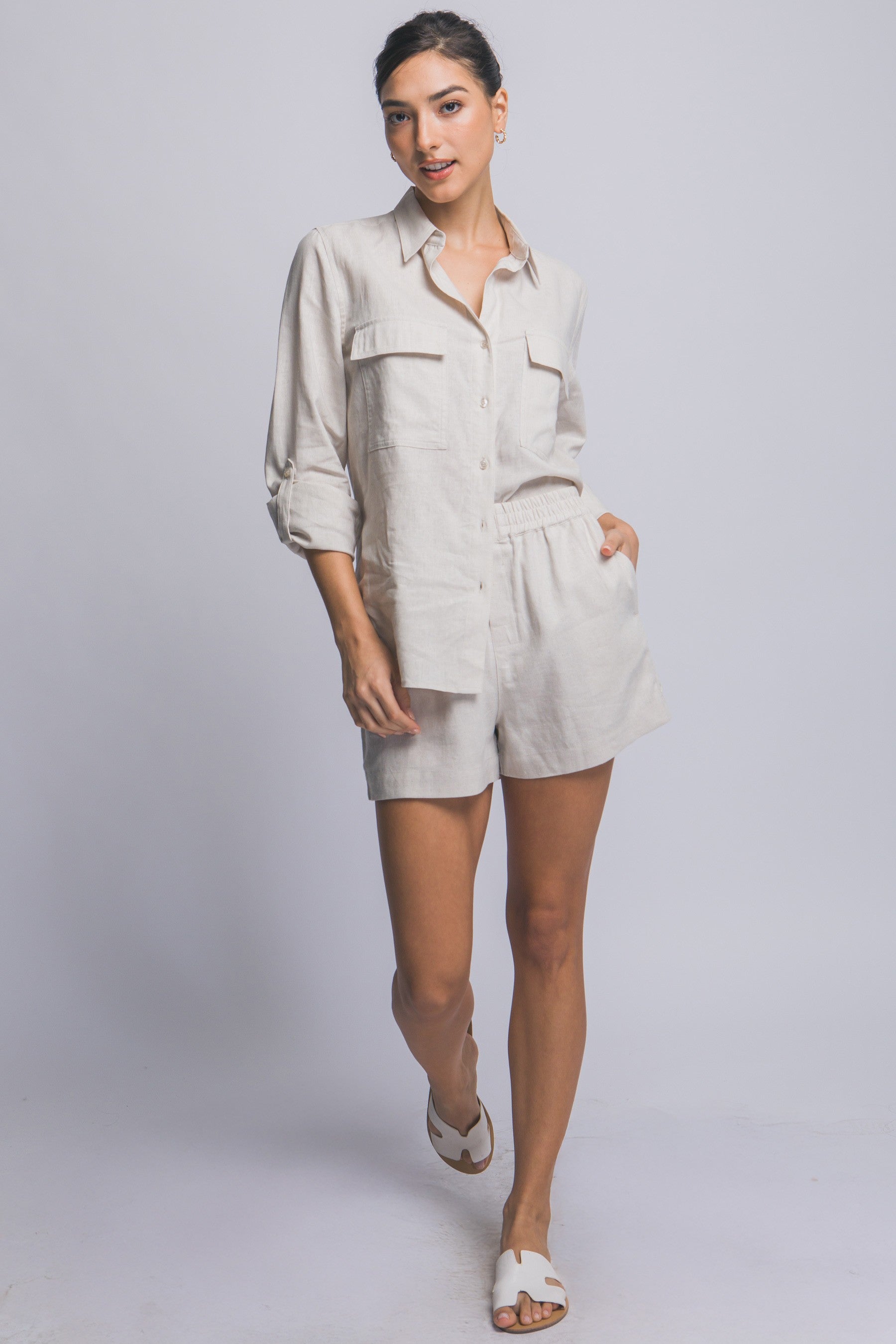 Double Pocket Linen Button Down Blouse in Natural