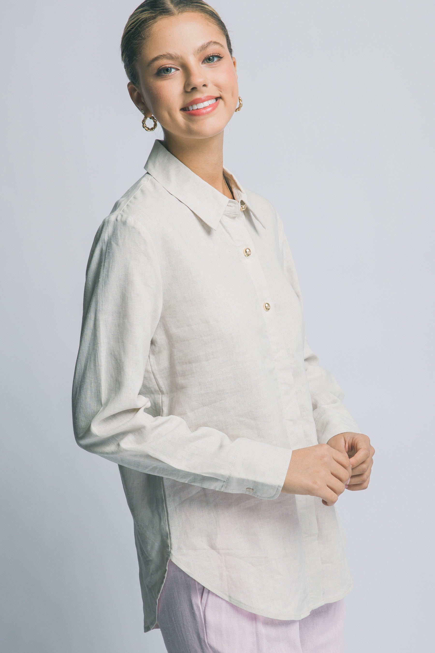 Linen Button Down with Gold Button Detail