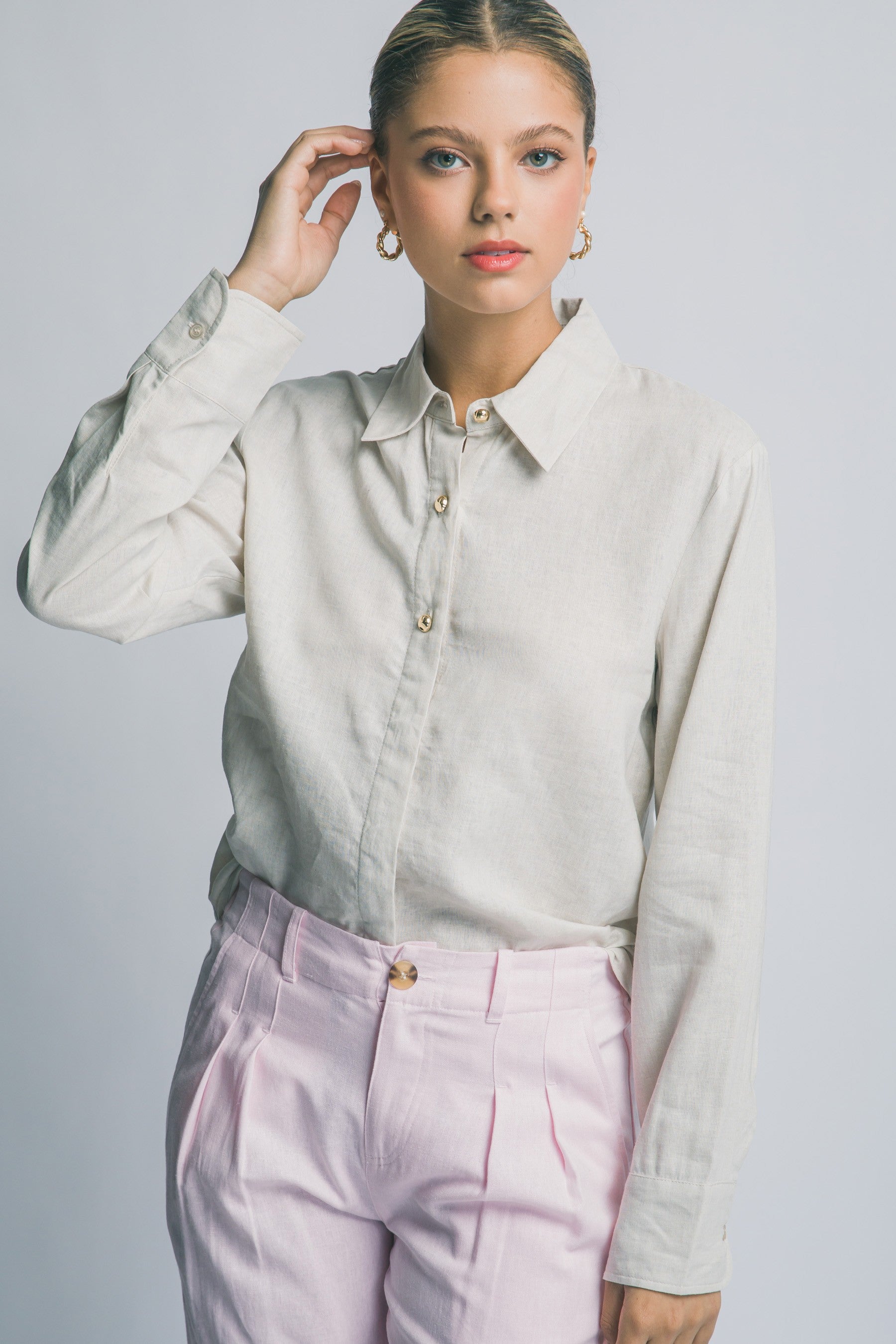 Linen Button Down with Gold Button Detail