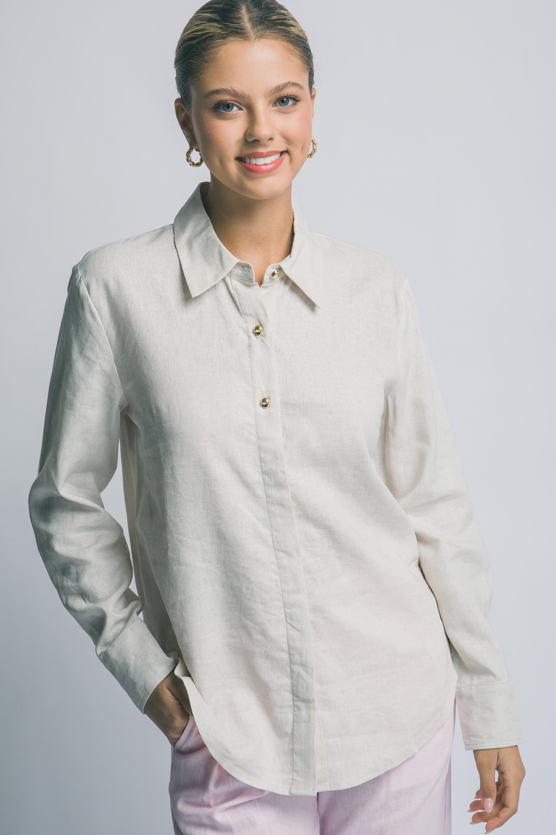 Linen Button Down with Gold Button Detail