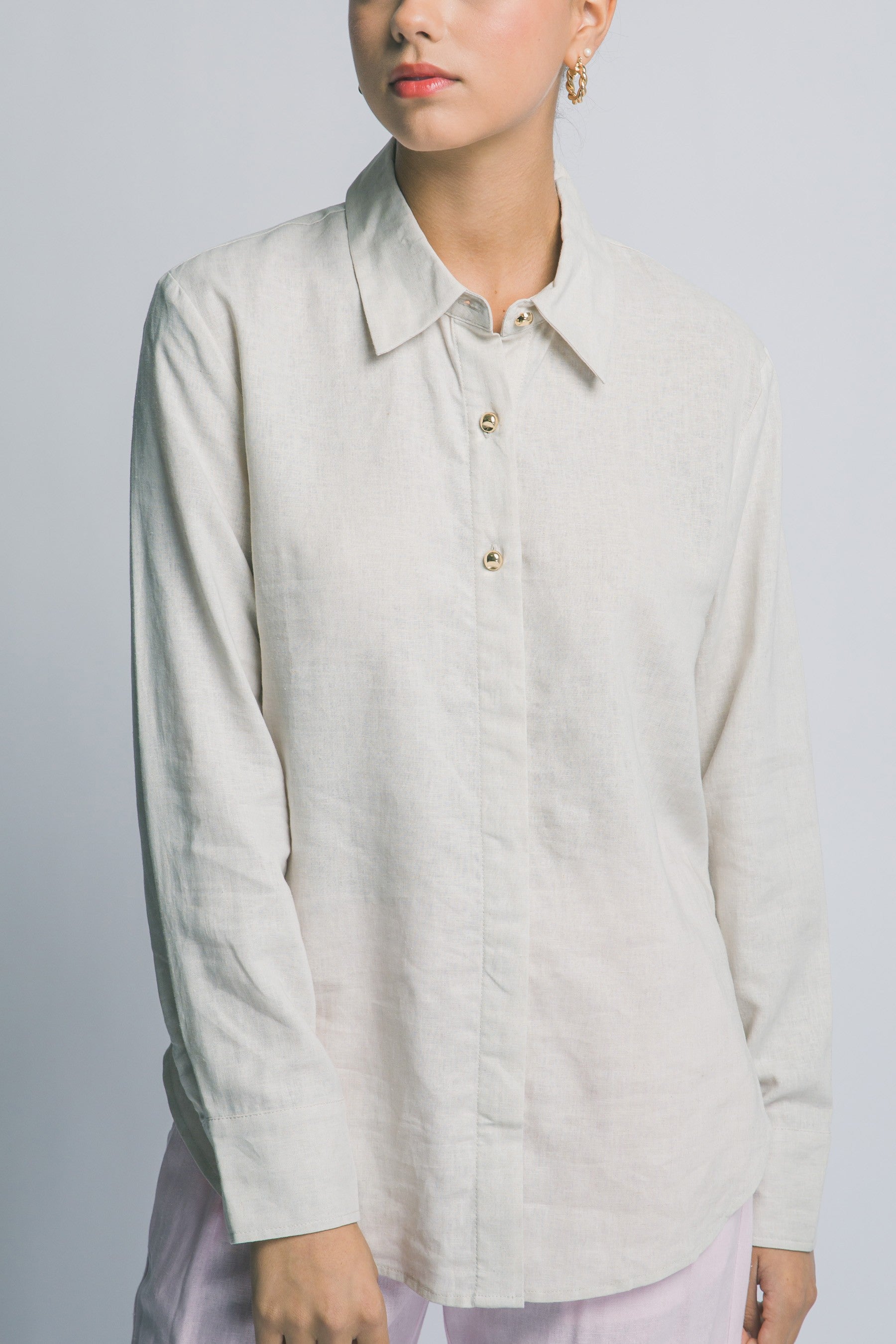 Linen Button Down with Gold Button Detail