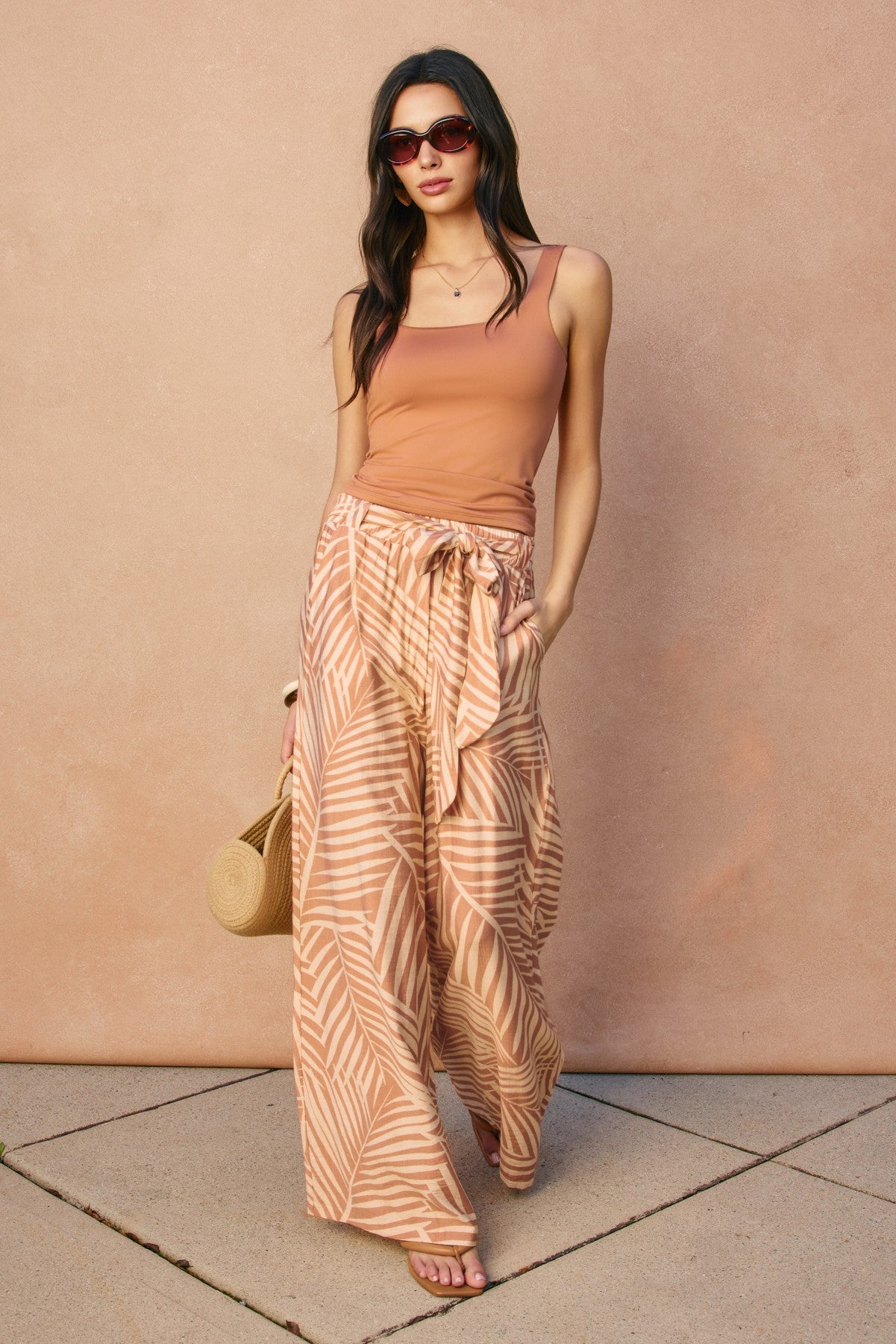 Tropical Leaf Tie Waist Pants