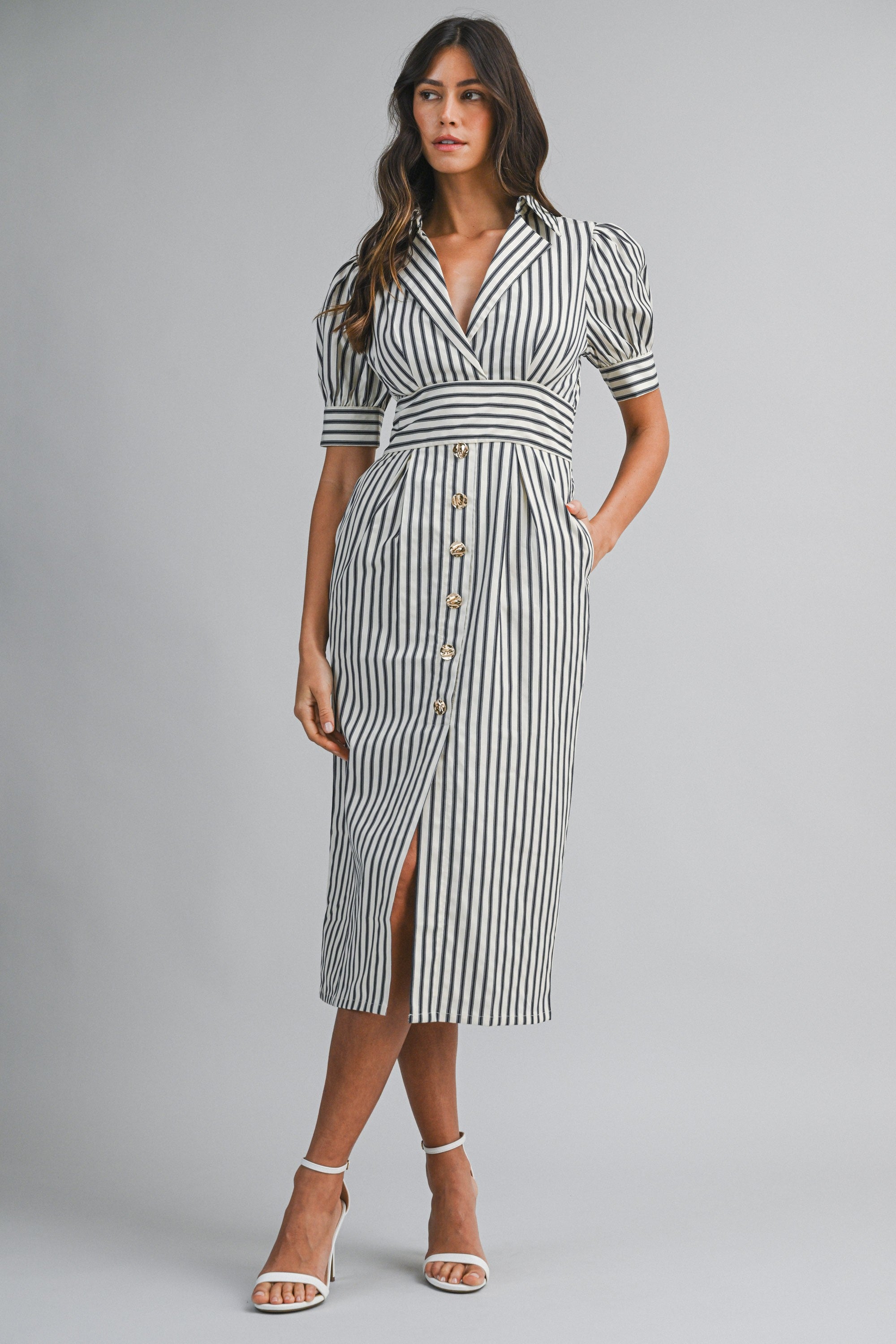 Nantucket Striped Puff Sleeve Midi Dress