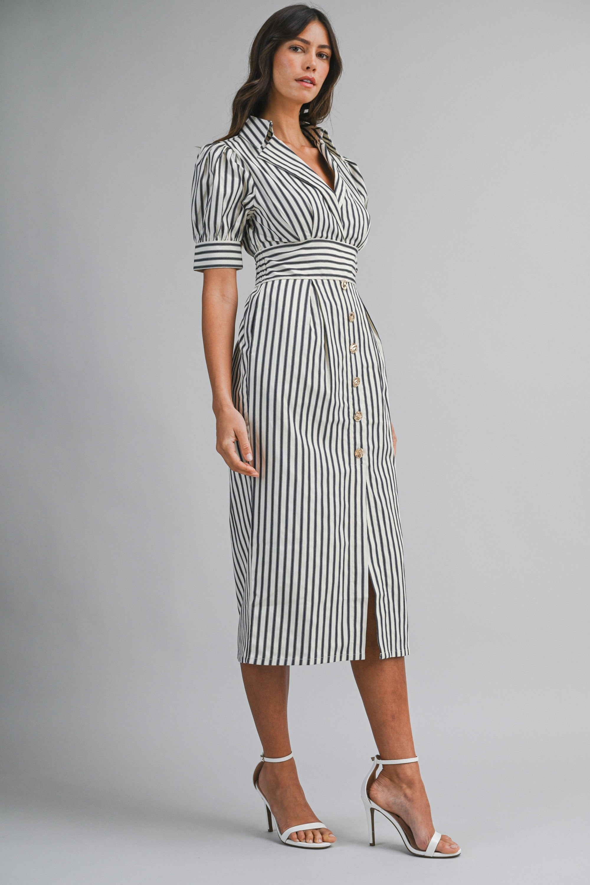 Nantucket Striped Puff Sleeve Midi Dress