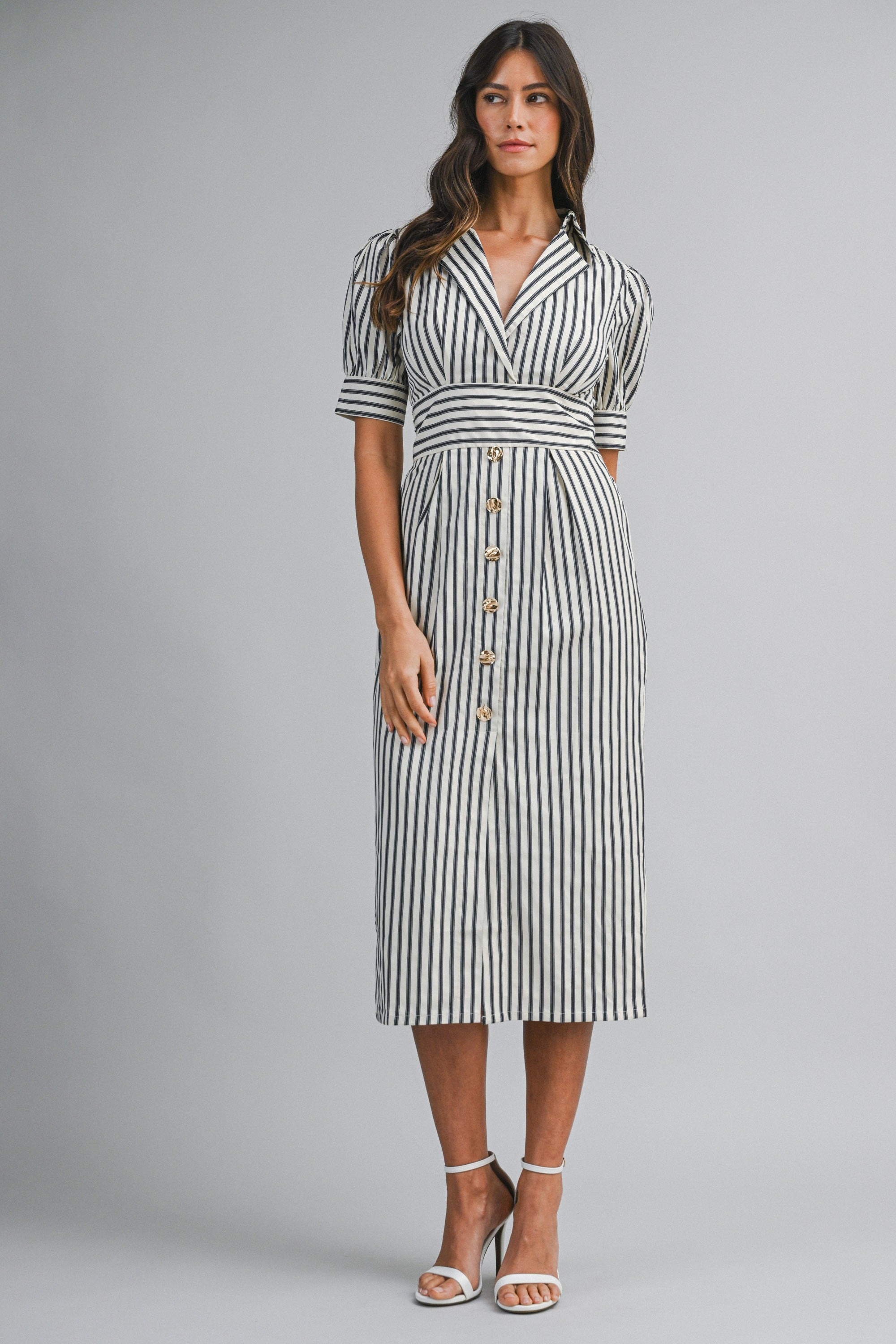 Nantucket Striped Puff Sleeve Midi Dress