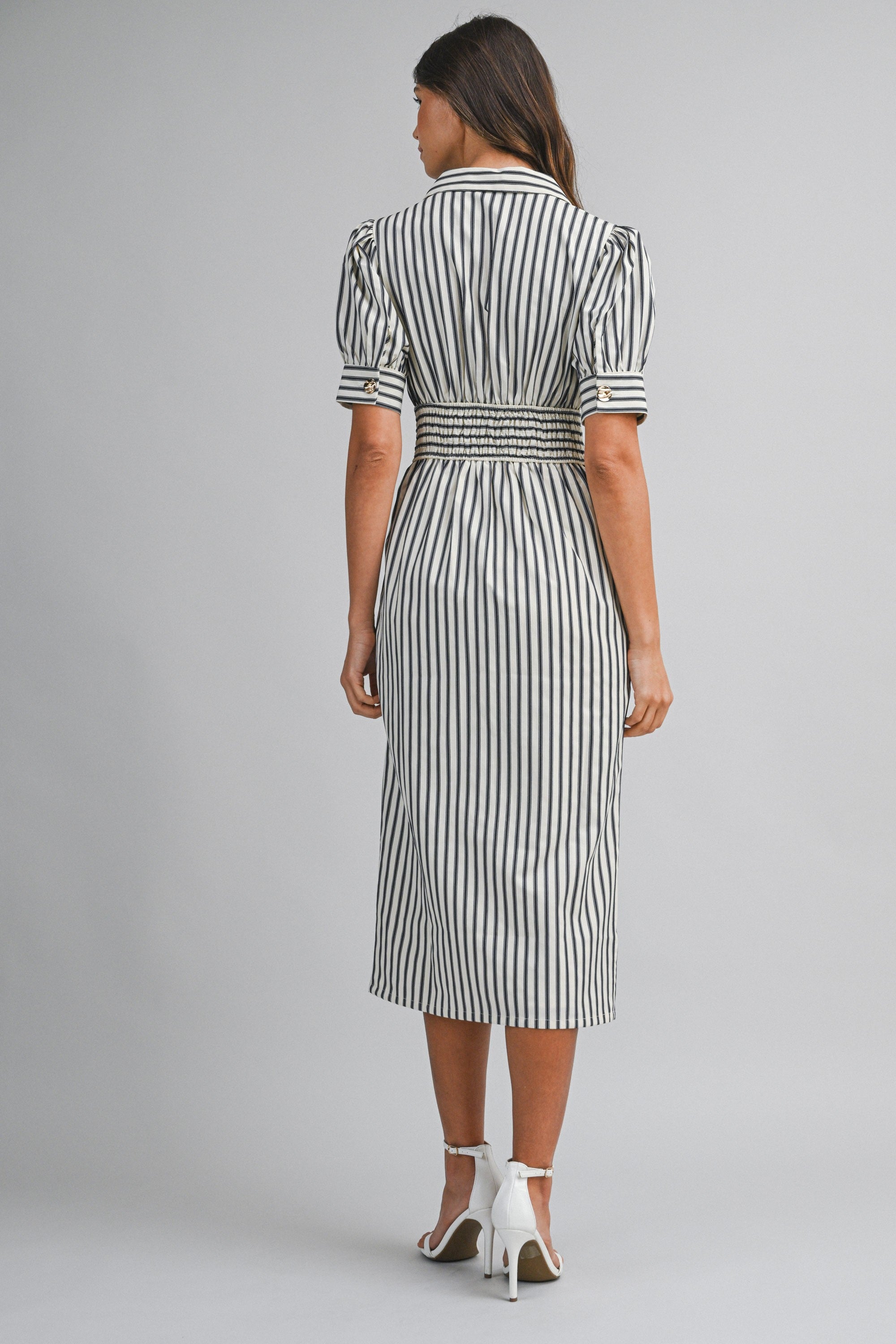 Nantucket Striped Puff Sleeve Midi Dress
