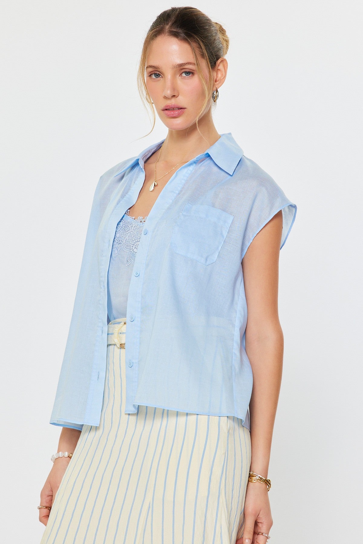 Lace Cami and Button Down Top Set in Light Blue