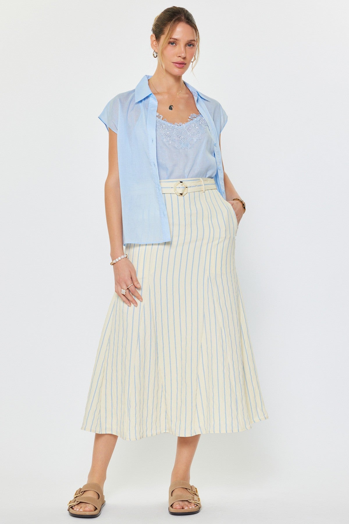 Lace Cami and Button Down Top Set in Light Blue